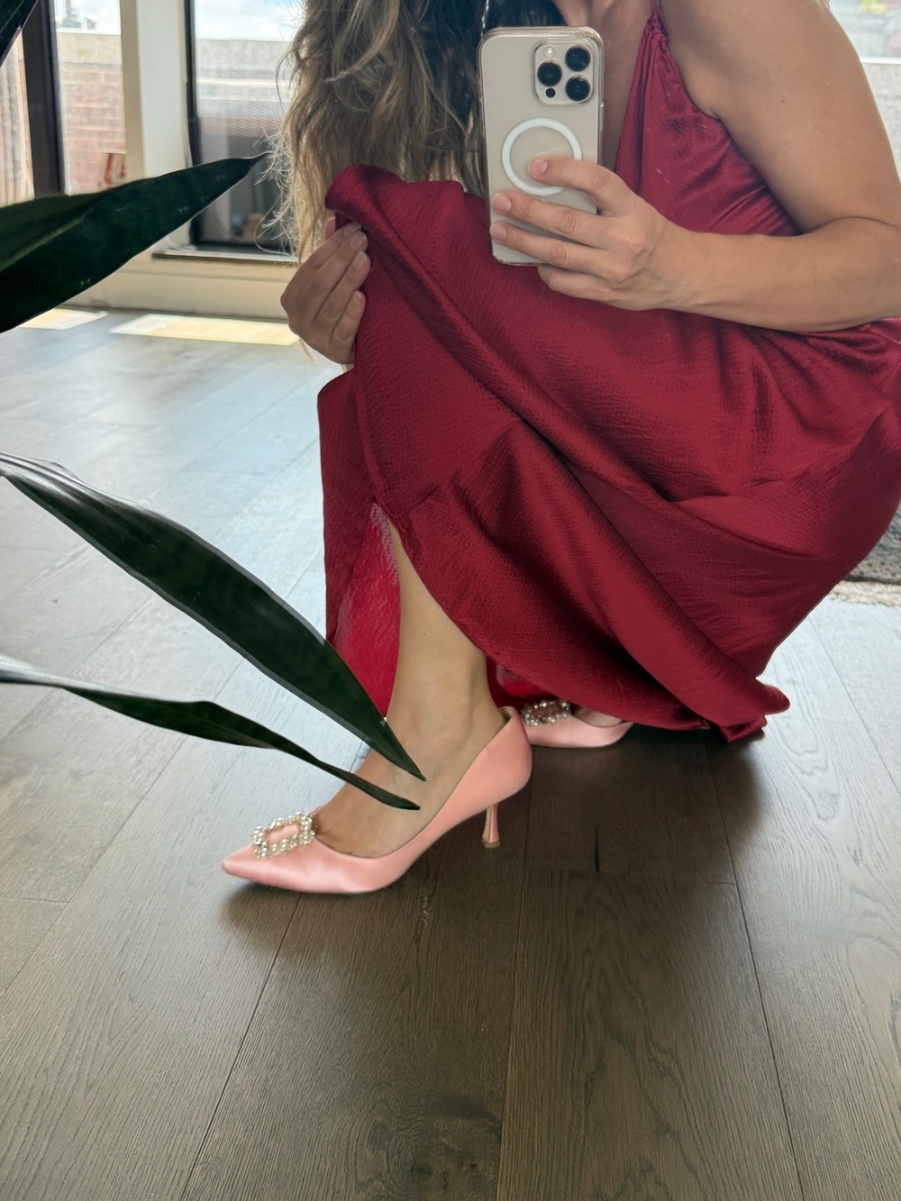 🔑 Badgley Mischka Blush Satin Heels with Rhinestones